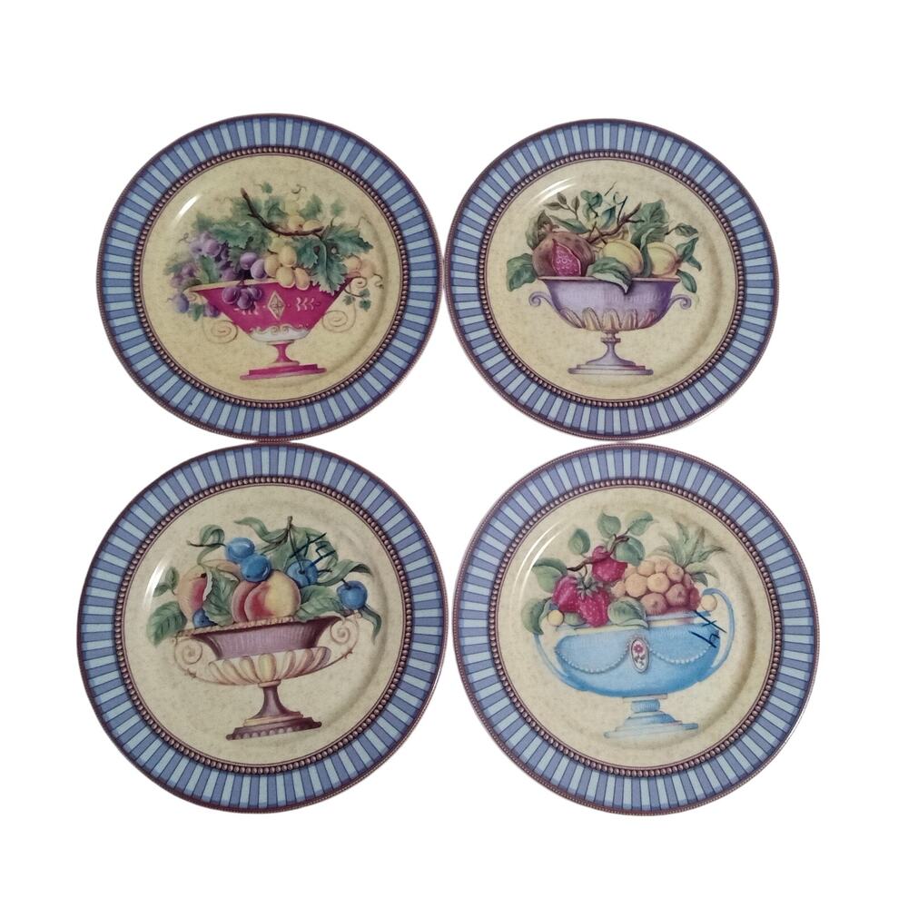 Email de Limoges I Godinger 4 Salad Dessert Plates Blue Yellow Fruit Spring